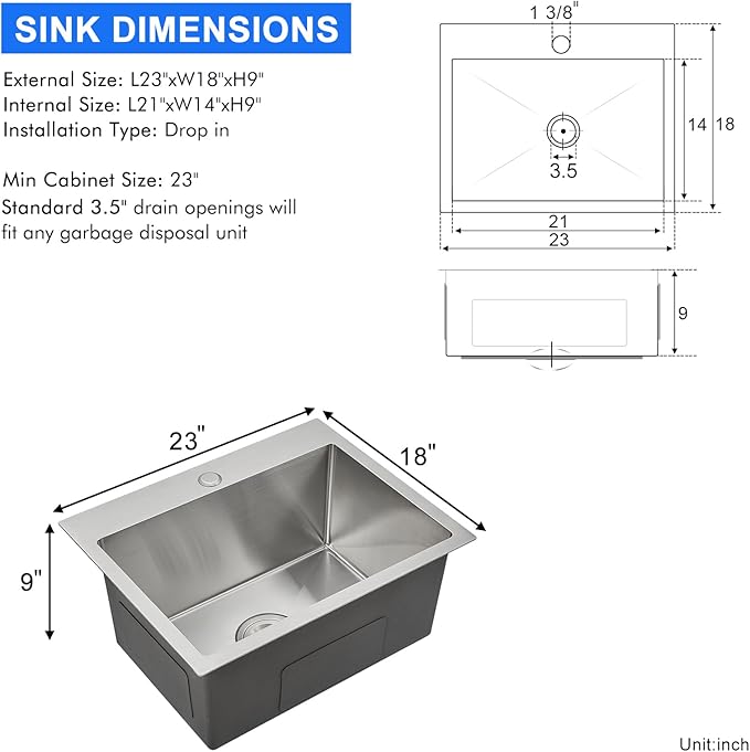 MENATT 23-inch Single Hole Single Bowl Kitchen Sink Drop in, 18 Gauge 304 Stainless Steel Handmade Topmount/Drop In Kitchen Sinks with 9" Deep Bowl Sink, Brushed