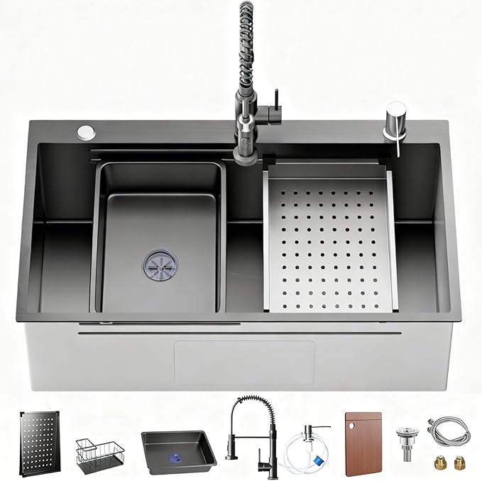 Stainless Steel Kitchen Sink with Faucet: 30-Inch Drop In Single Bowl Farmhouse Workstation Sink - Noise Reducing Design & Accessories Included (Black, 3018)