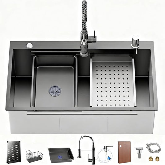 32 * 19 inch Kitchen Sink, Single Bowl Stainless Steel Sink Multifunctional Drop In Sink with Pull-Down Faucet and Multiple Accessories (Black, 3219)