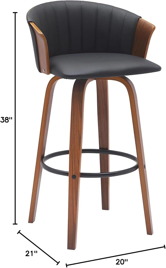 Armen Living Diana 30" Seat Height Mid Century Modern Swivel Walnut Wood Bar Stool for Kitchen Island Counter in Black Faux Leather