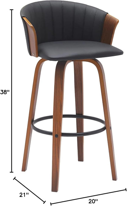 Armen Living Diana 30" Seat Height Mid Century Modern Swivel Walnut Wood Bar Stool for Kitchen Island Counter in Black Faux Leather