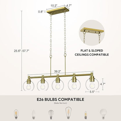 VONLUCE Dining Room Light Fixture Over Table, 5-Light Kitchen Island Lighting with Round Glass Shades & Adjustable Hanging Heights, Linear Chandlier for Dining Room Kitchen, Gold, ETL Certificated