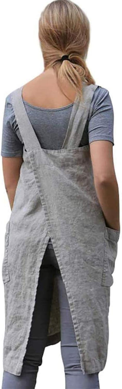 VLZUFE Cotton Linen Apron for women Cross Back Apron Pinafore Dress for Baking Cooking Gardening Work
