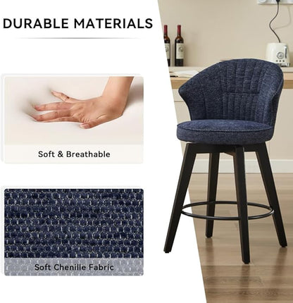 Set of 2 Counter Height Swivel Bar Stools, Chenille Upholstered Chairs with Wide Backrest for Bar, Kitchen Island, Dining Room, Dark Grey (Blue + Chenille + Foam)
