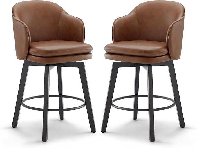 KISLOT Counter Height Barstools 26 inch Upholstered Swivel Bar Stools with Back for Kitchen Island,Set of 2,Brown PU Leather