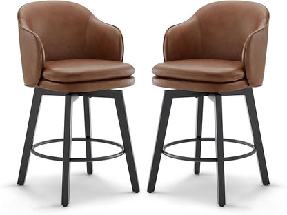 KISLOT Counter Height Barstools 26 inch Upholstered Swivel Bar Stools with Back for Kitchen Island,Set of 2,Brown PU Leather
