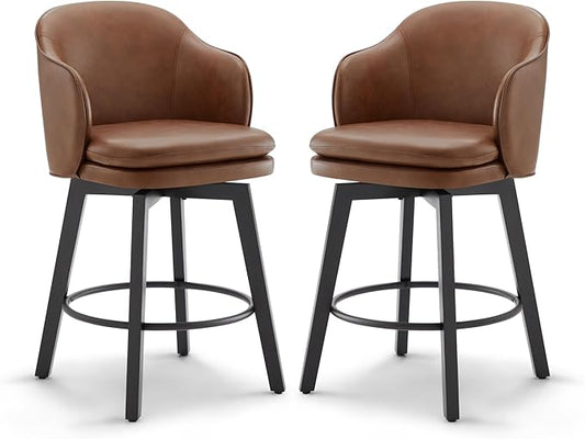 KISLOT Counter Height Barstools 26 inch Upholstered Swivel Bar Stools with Back for Kitchen Island,Set of 2,Brown PU Leather