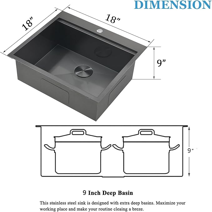 SHACO 18x18 Inch Drop In Black Bar Sink, 18 Inch Gunmetal Black Small Kitchen Sink, Stainless Steel 16 Gauge Single Bowl Laundry Prep RV Sink with Strainer Drain