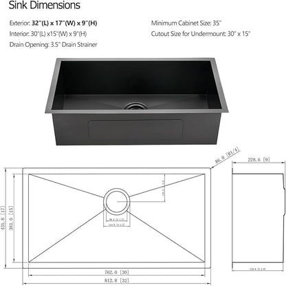 32 Undermount Black Kitchen Sink, Luckyhorse 32" x 17" x 9" 18 Gauge Gunmetal Black Stainless Steel Undermount Single Bowl Kitchen Sink LH024SQ