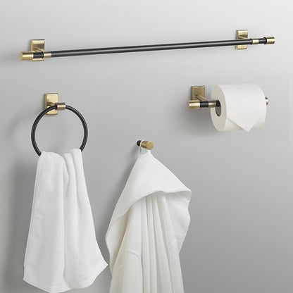GLOBE Electric 63000058 5-Piece All-in-One Bathroom Accessory Set, Brass & Black, 3-Light Vanity Light, Towel Bar, Toilet Paper Holder, Towel Ring, Robe Hook, Bathroom Lights Over Mirror