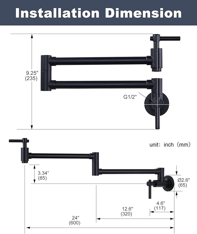 Pot Filler Faucet Wall Mount, Folding Kitchen Faucet with Double Joint Swing Arm, Single Hole Stretchable Brass Faucet with 2 Handles, Black Pot Filler Above Stove