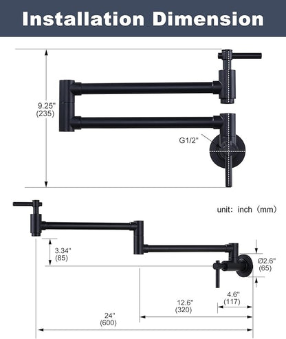 Pot Filler Faucet Wall Mount, Folding Kitchen Faucet with Double Joint Swing Arm, Single Hole Stretchable Brass Faucet with 2 Handles, Black Pot Filler Above Stove