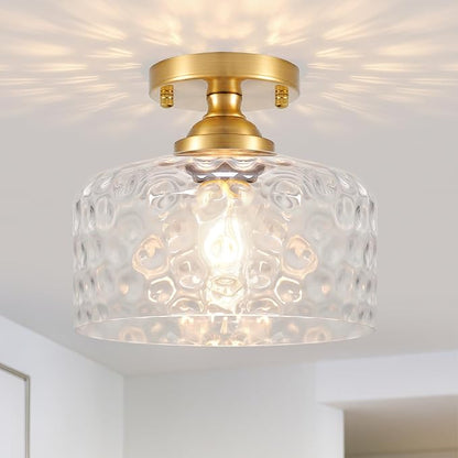 Daunton Small Semi Flush Mount Ceiling Light Fixture, Vintage Gold Close to Ceiling Lighting with Hammered Glass Shade for Hallway, Kitchen, Entryway (Retro Design, Easy Install)