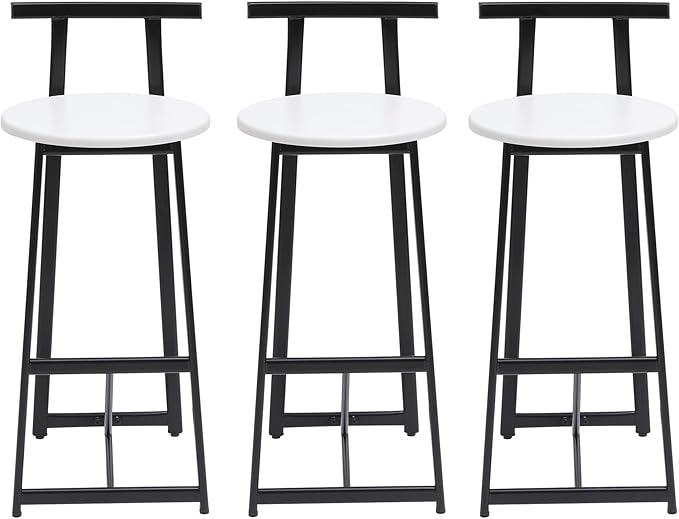 Bar Stools Kitchen Island Bar Chairs Set of 3 Metal Counter Bar stools with Backrest for Dining Pub Room (Black White)