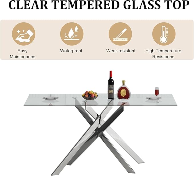 51inch Modern Glass Dining Table for 4, Kitchen Dining Room Table for 4, 0.32" Rectangular Tempered Glass Tabletop and Silver Metal Legs,Rectangle Dinner Tables for Kitchen, Dining Room