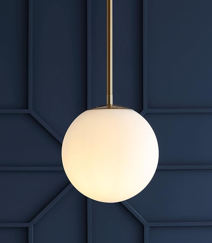 JONATHAN Y 7.75" White/Brass Gold Modern Globe LED Pendant Light, Industrial Hanging Ceiling Lamp for Kitchen Island, White Glass Globe Shade, LED Bulb Included JYL9528A