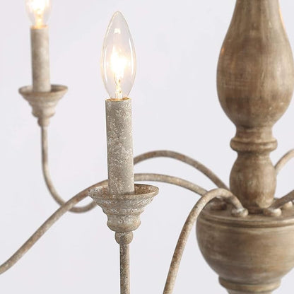 6-Light French Country Chandelier, Handmade Real Wood Farmhouse Chandelier, Distressed Finish Light Fixture for Dining Room, Living Room, Bedroom, Kitchen, Stairway, Kitchen