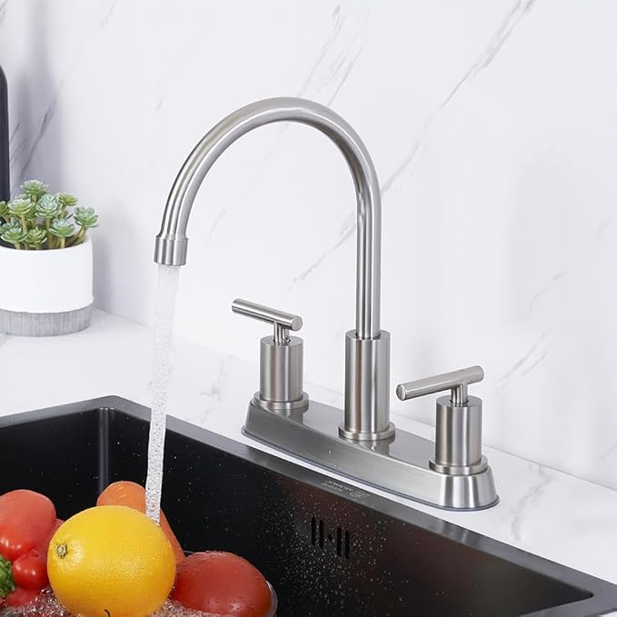 3 Hole Kitchen Faucet, Brushed Nickel Two Handles Kitchen Faucet, RV Kitchen Sink Faucet, 3 Hole or 4 Holel Faucet for Kitchen Sink TDLKF024W-L