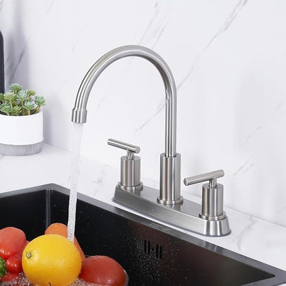 3 Hole Kitchen Faucet, Brushed Nickel Two Handles Kitchen Faucet, RV Kitchen Sink Faucet, 3 Hole or 4 Holel Faucet for Kitchen Sink TDLKF024W-L