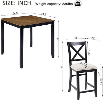 5 Piece Counter Height Dining Set with 4 Chairs, Classic Wooden Table for 4, Farmhouse Style Dining Room Set for Kitchen, Black and Oak Two Tone