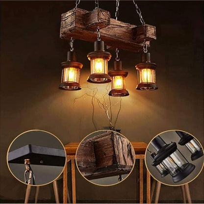 4 Lights Wood Vintage Chandelier, Industrial Farmhouse Island Light with Glass Lampshade and Adjustable Chain, Retro Loft Chandelier Dinning Table Pendant Lamp Fixtures for Bar Home Hotel Hallway