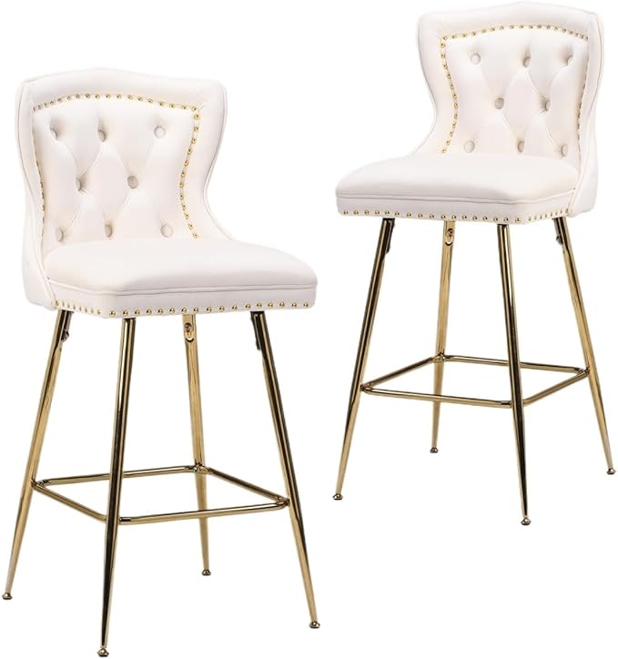 Luxurious Velvet Counter Height Bar Stools Set of 2 with Metal Legs, Button Tufted, Nailheads Trim, Wing-Back Bar Chairs for Kitchen Island Dining Room Pub(Beige)