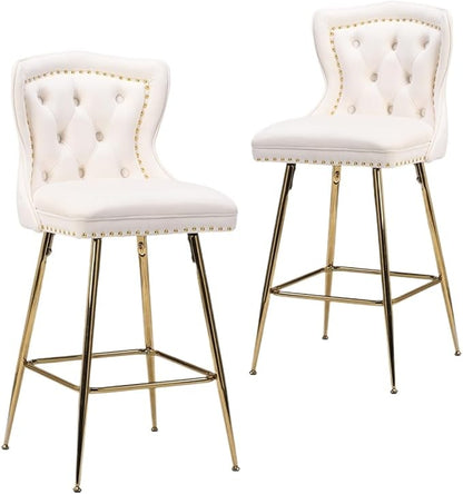 Luxurious Velvet Counter Height Bar Stools Set of 2 with Metal Legs, Button Tufted, Nailheads Trim, Wing-Back Bar Chairs for Kitchen Island Dining Room Pub(Beige)