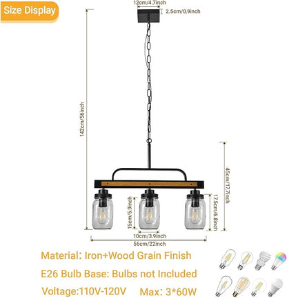 3-Light Farmhouse Dining Room Chandelier, Black Mason Jar Chandelier Lighting Fixture for Kitchen Island, Dining Table, Rustic Linear Cluster Hanging Pendant Light, Faux Wood with Glass Shade