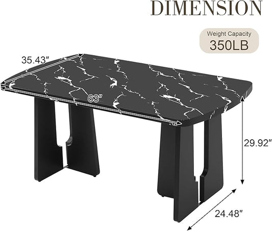 63" 350Lbs Capacity Faux Marble Island Table, Rustic Dining Table with Geometric Legs, Farmhouse Dining Table with Floor Pads for Gatherings, Black