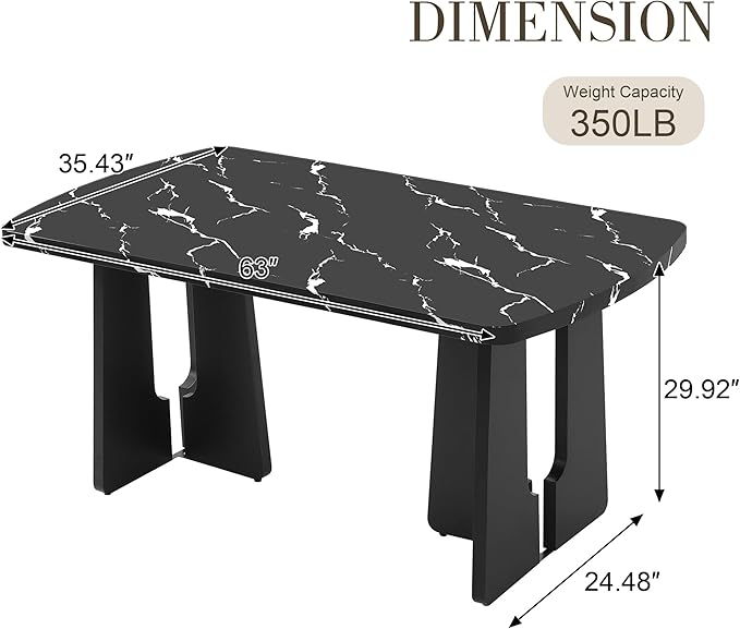 63" Faux Marble Island Table, Rustic Dining Table with Sturdy Legs, Farmhouse Dining Table for Home Gatherings & Workspaces, Black