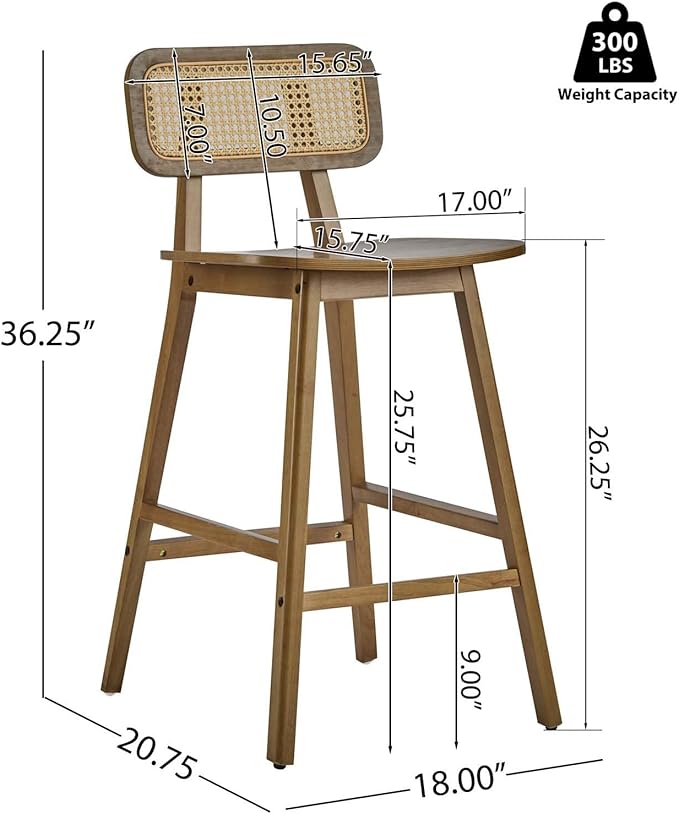 Farmhouse Wooden Barstools, Set of 2 Rattan Back Island Chairs, Counter Height Rattan Bar Stools for Kitchen Island