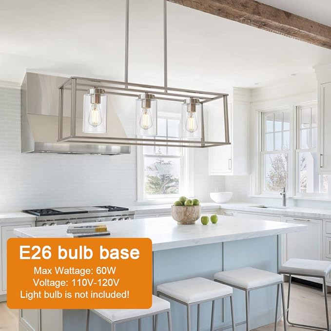 VINLUZ 3 Light Linear Chandeliers Brushed Nickel with Clear Glass Shade Modern Kitchen Island Pendant Dining Room Light Fixture Hanging Farmhouse Ceiling Light for Living Room Bar