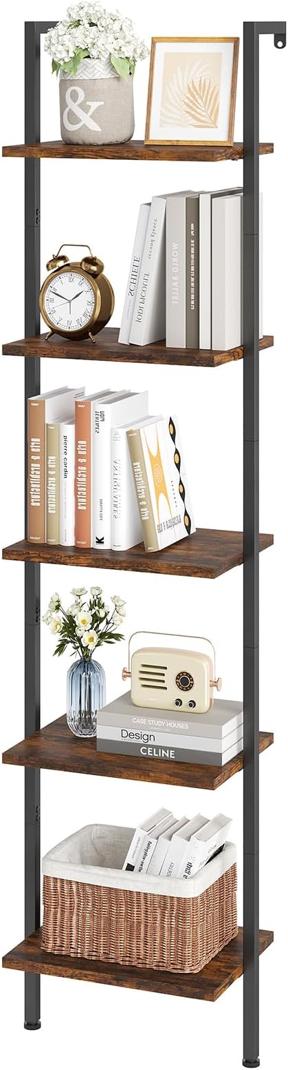 ELYKEN Ladder Shelf, 5-Tier Wood Wall Mounted Bookshelf with Metal Frame, Vintage Open Display Organizer Rack, Leaning Storage Shelves for Living Room, Bedroom, Home Office, Rustic Brown
