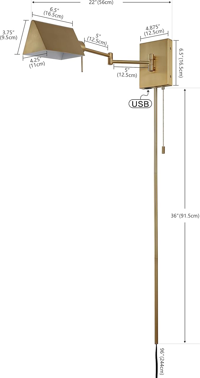 JONATHAN Y 22" Brass Gold Swing Arm Wall Sconce, Plug-in or Hardwired with USB Charging Port and Pull Chain, Iron Shade, Industrial LED Reading Lamp (JYL6015B)