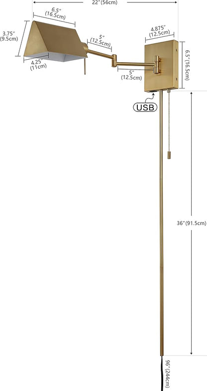 JONATHAN Y 22" Brass Gold Swing Arm Wall Sconce, Plug-in or Hardwired with USB Charging Port and Pull Chain, Iron Shade, Industrial LED Reading Lamp (JYL6015B)