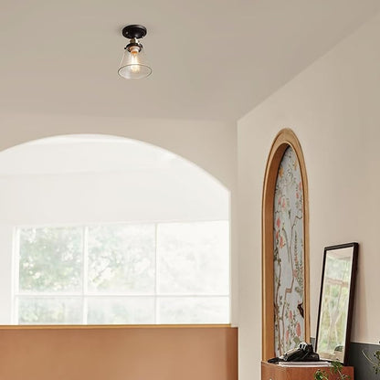 GLOBE Electric 65380 1-Light Flush Mount Ceiling Light, Dark Bronze, Antique Brass Accents, Glass Shade, Bedroom Lighting Fixtures Ceiling, Dining Room Fixture, Lighting for Hallway