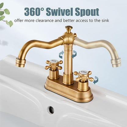 Aolemi 4 Inch Centerset Bathroom Sink Faucet Vintage 2 Cross Handle RV Mixer Tap Basin Vanity Lavatory Utility for Sink 3 Hole Include Hoses Pop Up Drain Faucet Handle with Label Antique Brass