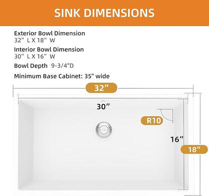 Quartz Kitchen Sink, 32 Inch White Undermount Kitchen Sinks, Deep Single Bowl Granite Composite Sink, Modern Sinks Providing Complete Accessories, Spacious Workspace and Easy Cleaning