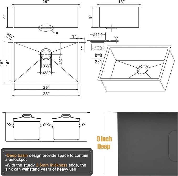 28 Inch Undermount Kitchen Sink, 28 x 18 Stainless Steel 16 Gauge 9 Inch Deep Single Bowl Basin Commercial Outdoor Kitchen Sink with Strainer