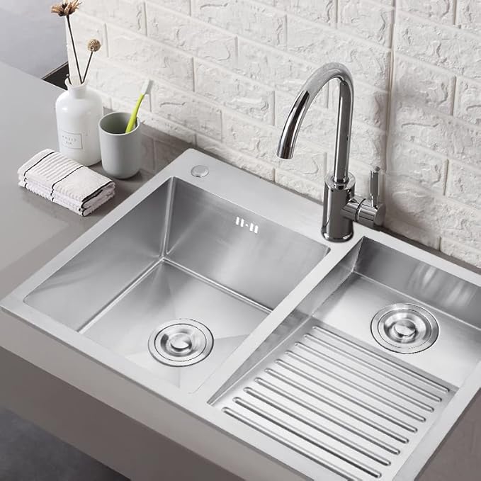 Laundry Utility Sink With Washboard Stainless Steel Kitchen Sink Household Pool Balcony Room Wash Basin Easy Clean Double-Bowl, 700mm/27.5"