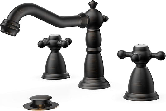 FORIOUS Vintage 3 Hole Bathroom Faucets Oil Rubbed Bronze, 2 Handle 8 Inch Widespread Antique Faucet for Bathroom Vanity RV Farmhosue Sink with Metal Pop Up Drain and Supply Lines