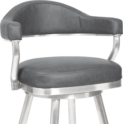 Armen Living Justin Modern Farmhouse 26" Seat Height Swivel Vintage Gray Faux Leather Bar Stool with Brushed Stainless Steel Legs for Kitchen Island Counter
