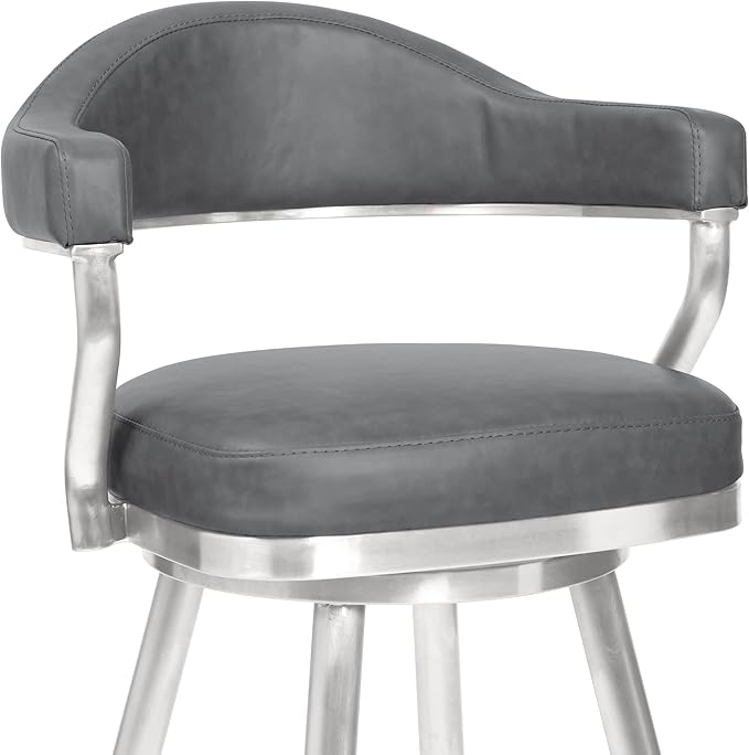 Justin Modern Farmhouse 26" Seat Height Swivel Vintage Gray Faux Leather Bar Stool with Brushed Stainless Steel Legs for Kitchen Island Counter, Set of 2