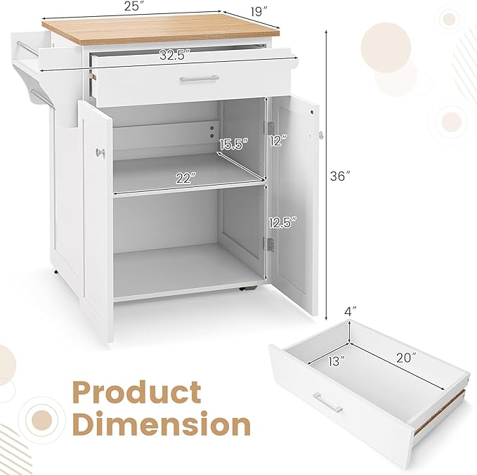 Giantex Kitchen Island with Storage, Rolling Island Table with Cabinet, Adjustable Shelf, Drawer, Towel Rack & Spice Rack, Small Bar Kitchen Cart On Wheels for Living Dining Room, White