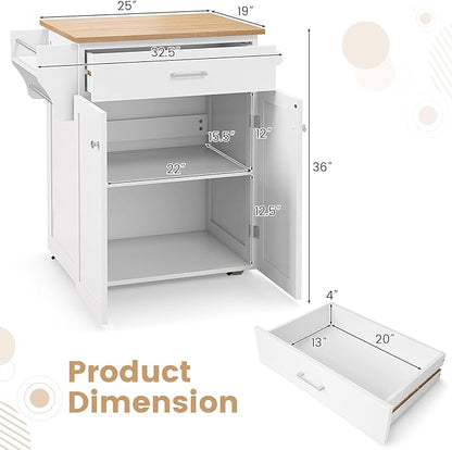Giantex Kitchen Island with Storage, Rolling Island Table with Cabinet, Adjustable Shelf, Drawer, Towel Rack & Spice Rack, Small Bar Kitchen Cart On Wheels for Living Dining Room, White