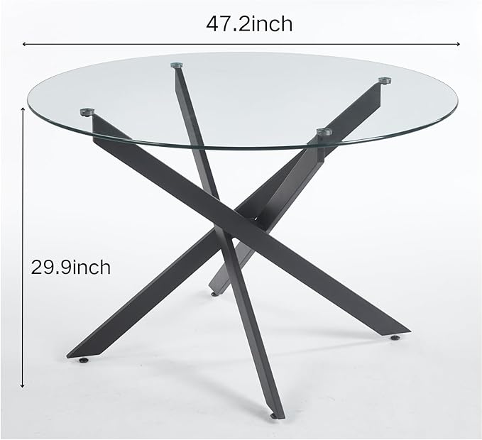 47.2'' Round Glass Dining Table for 4, Glass Round Dining Room Table with X-Shape Black Metal Legs, Clear Circular Top Kitchen Table for 4, Perfect for Apartment Small Space