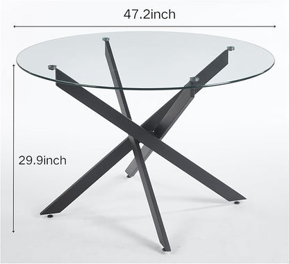 47.2'' Round Glass Dining Table for 4, Glass Round Dining Room Table with X-Shape Black Metal Legs, Clear Circular Top Kitchen Table for 4, Perfect for Apartment Small Space
