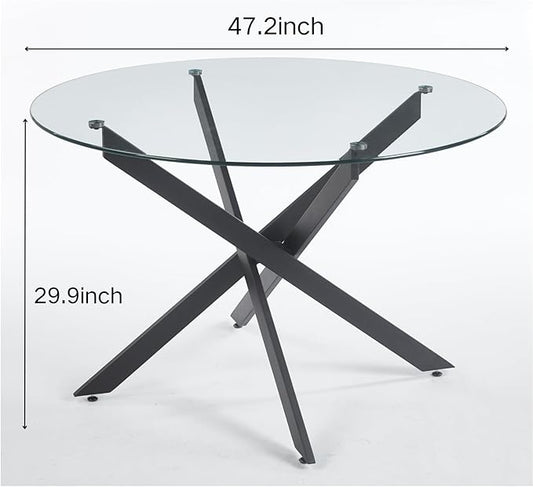 47.2'' Round Glass Dining Table for 4, Glass Round Dining Room Table with X-Shape Black Metal Legs, Clear Circular Top Kitchen Table for 4, Perfect for Apartment Small Space
