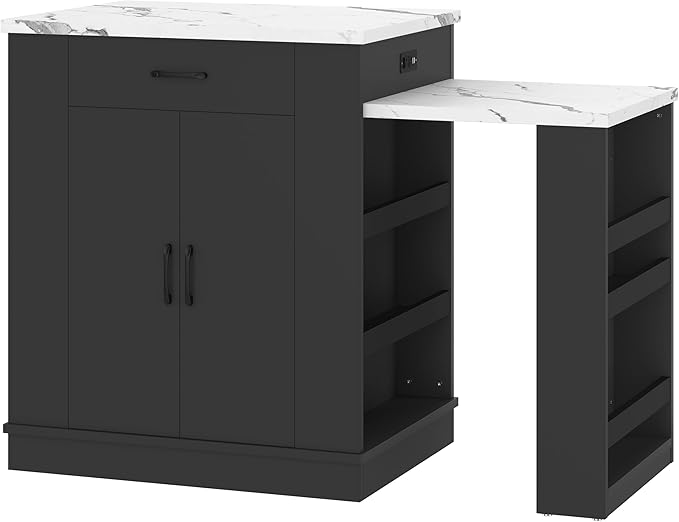 SOFTSEA Extendable Dining Table with Drawer & Shelves, 33" to 80" Kitchen Island Table with USB Ports, Foldable Kitchen Cabinet with Faux Mable Top for Dining Room Living Room, Black