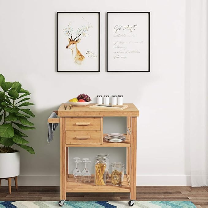 Giantex Kitchen Island, Bamboo Island Cart, Kitchen Trolley Cart on Wheels, Rolling Kitchen Cart, 2 Drawers, Towel Rack, Casters with Lock (Natural)
